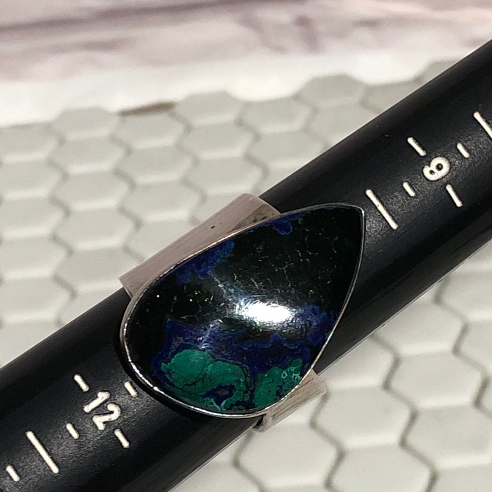 Azurite Malachite Teardrop Gem Stone Sterling Silver Statement Ring size 11 - Picture 4 of 13